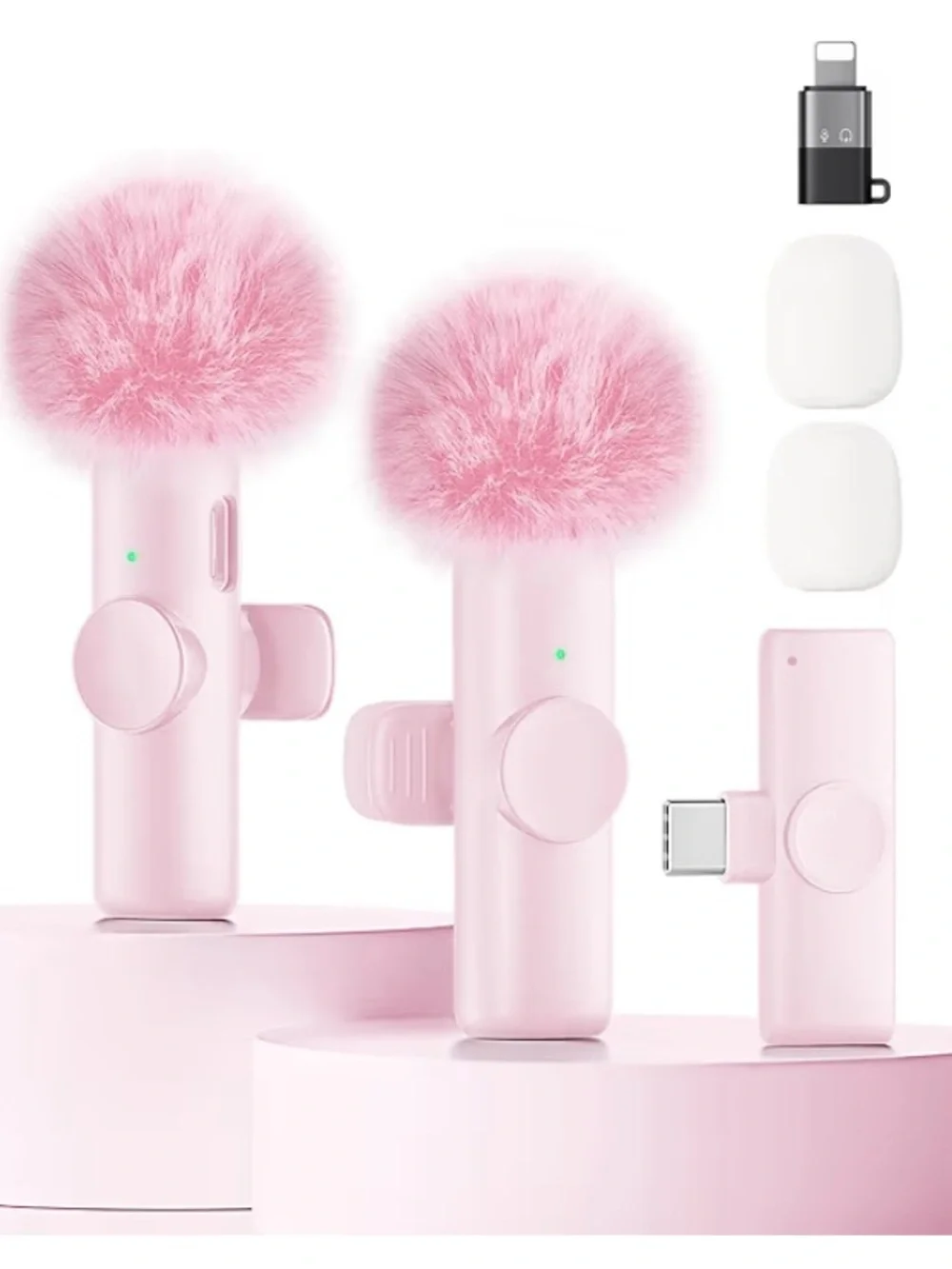 Pink WirelessUSB- C Rechargeable Microphone with Wind Muff for streaming